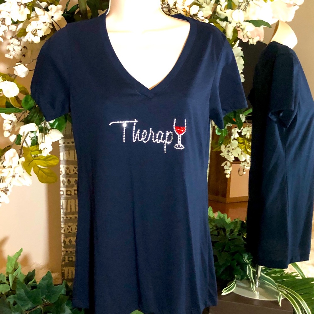 Bling Rhinestone V-neck Navy T-shirt - Wine